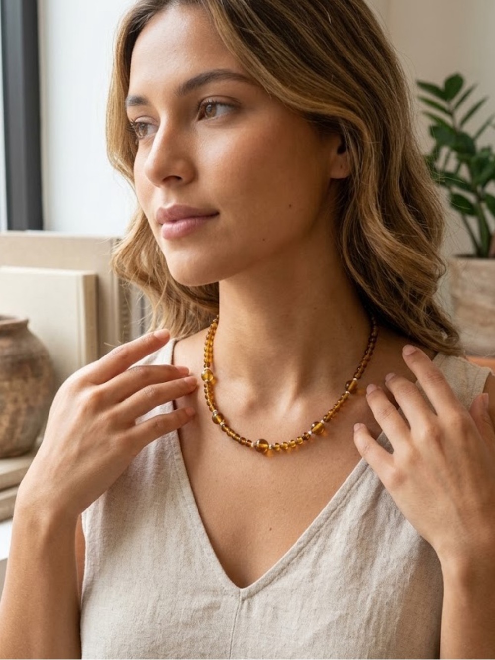 Sterling silver Handmade Natural Amber Beaded Necklace - Honey Brown